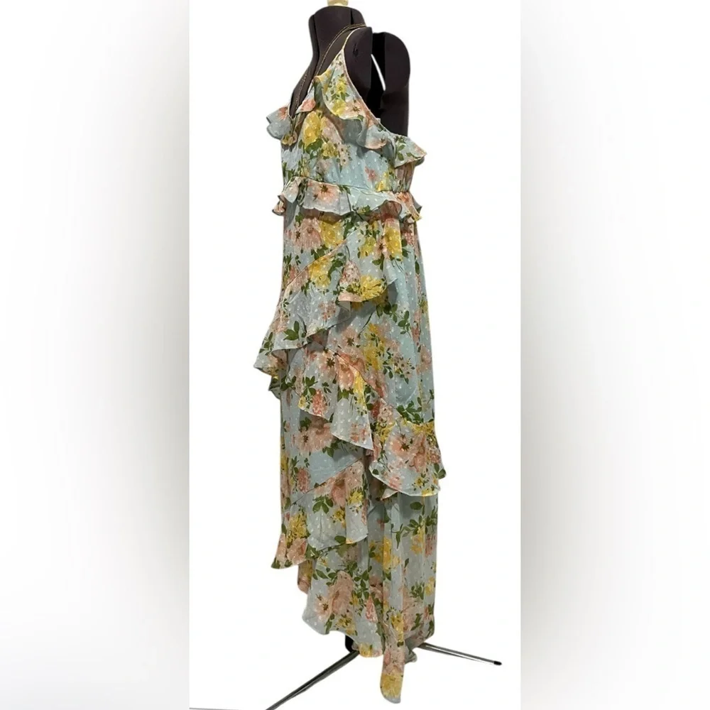 By The River Blossom In Time Blue Multi Floral Ruffle Tiered Midi Dress Size L - Picture 11 of 14